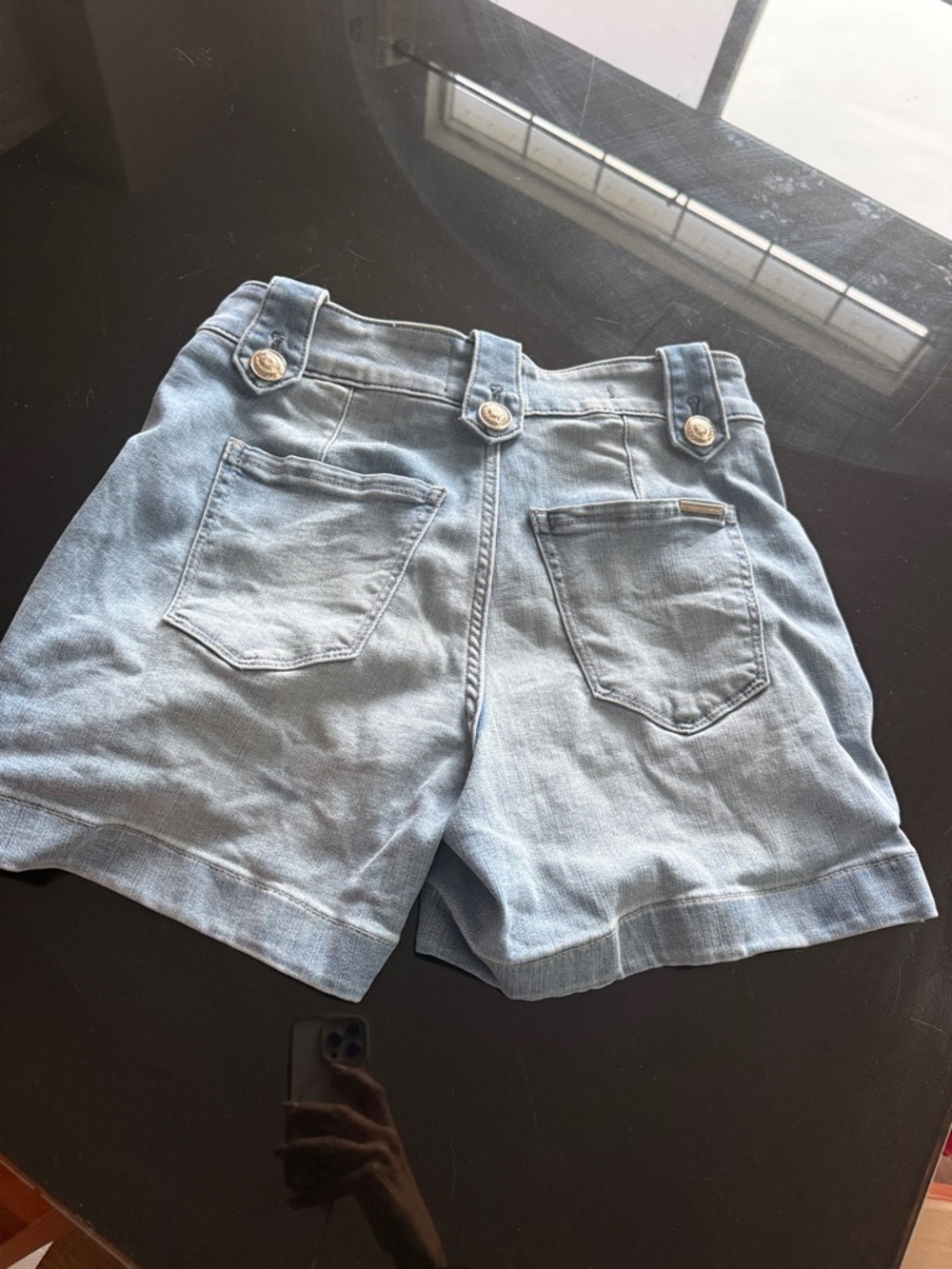 White House Black Market Light Blue High-Rise Denim Shorts with Gold Buttons - Picture 4 of 4